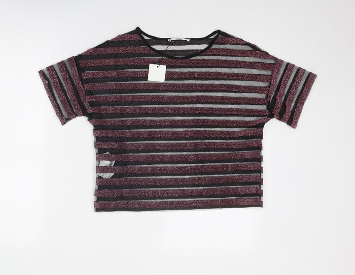 Mango Womens Pink Striped Polyester Basic T-Shirt Size S Round Neck