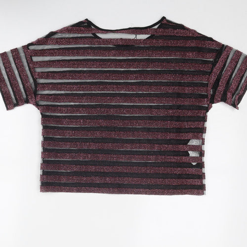 Mango Womens Pink Striped Polyester Basic T-Shirt Size S Round Neck