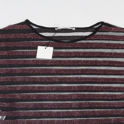 Mango Womens Pink Striped Polyester Basic T-Shirt Size S Round Neck