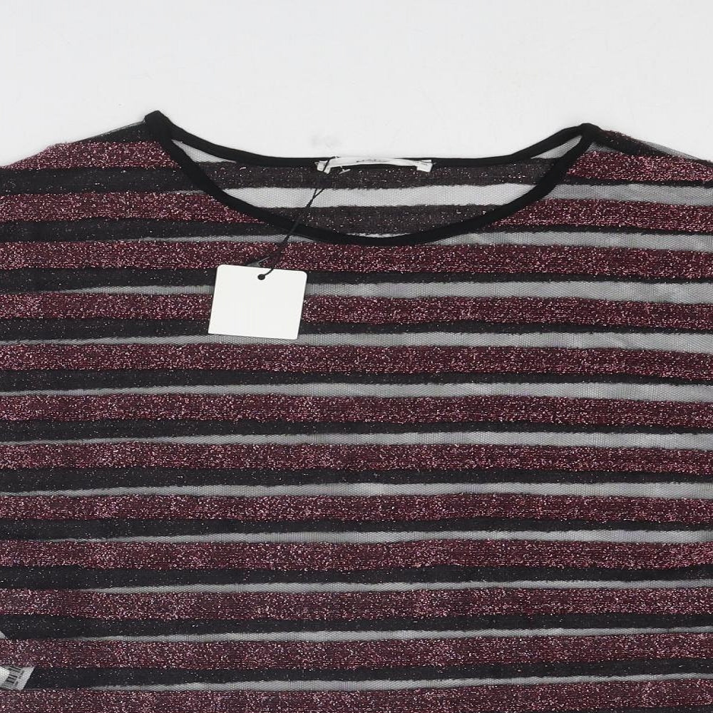 Mango Womens Pink Striped Polyester Basic T-Shirt Size S Round Neck