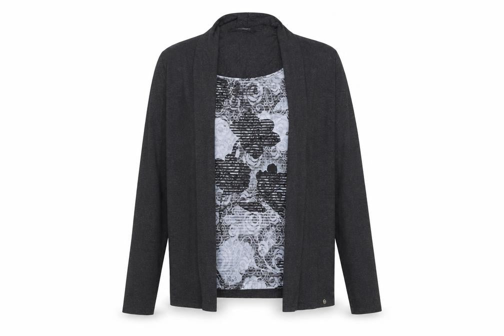 Front view of Golléhaug women’s grey geometric viscose basic blouse, size UK 12, round neck - twin set