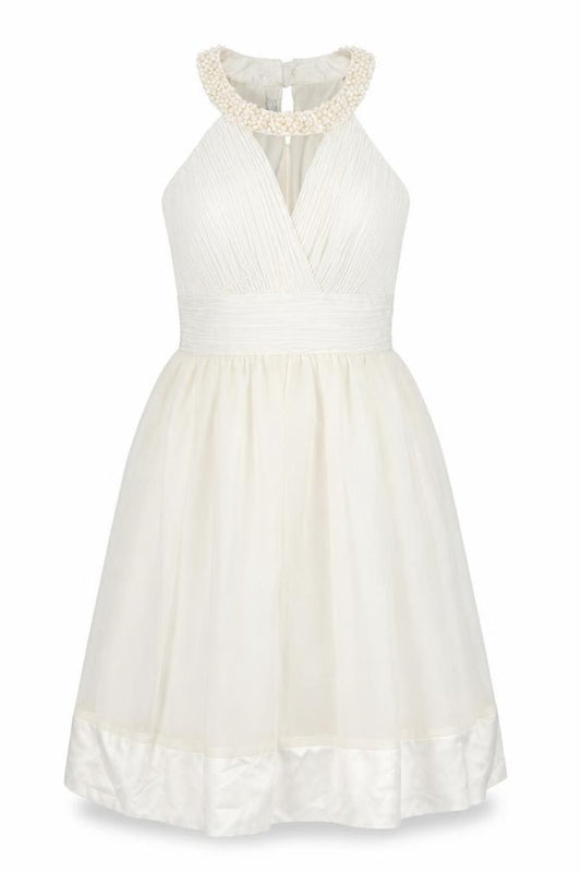 Front view of Toi Et Moi women’s ivory polyester fit & flare, size M, round neck button