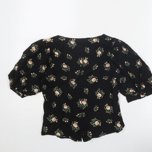 Dorothy Perkins Womens Black Floral Viscose Basic Button-Up Size 8 V-Neck