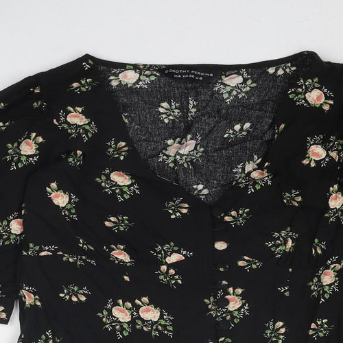 Dorothy Perkins Womens Black Floral Viscose Basic Button-Up Size 8 V-Neck