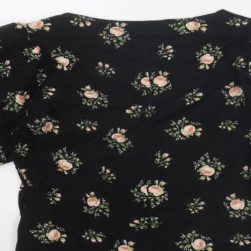 Dorothy Perkins Womens Black Floral Viscose Basic Button-Up Size 8 V-Neck