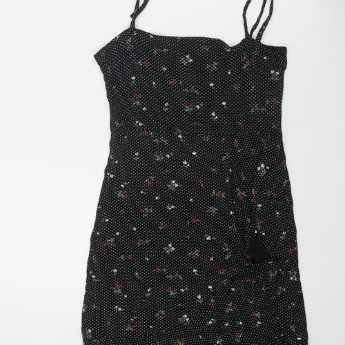 PRETTYLITTLETHING Womens Black Geometric Viscose Tank Dress Size 8 Square Neck Tie