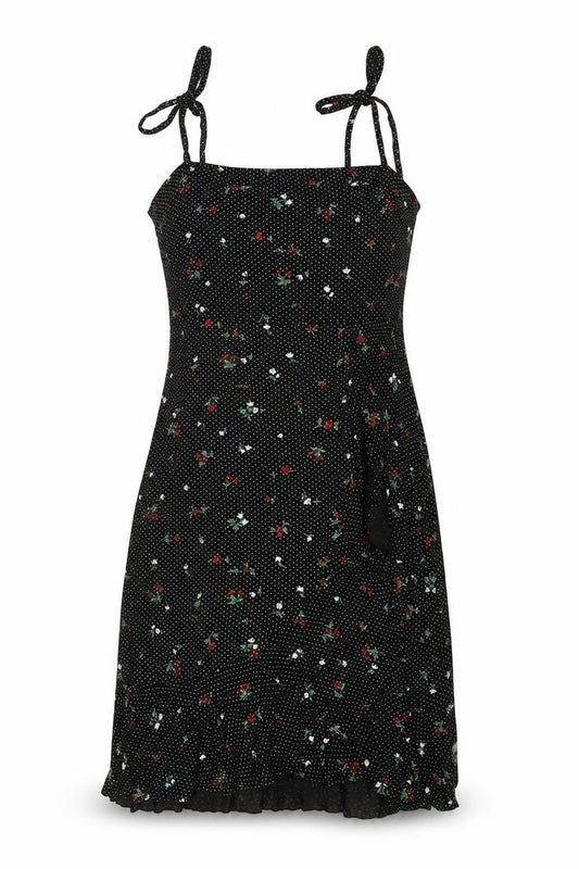 Front view of PRETTYLITTLETHING women’s black geometric viscose tank dress, size UK 8, square neck tie