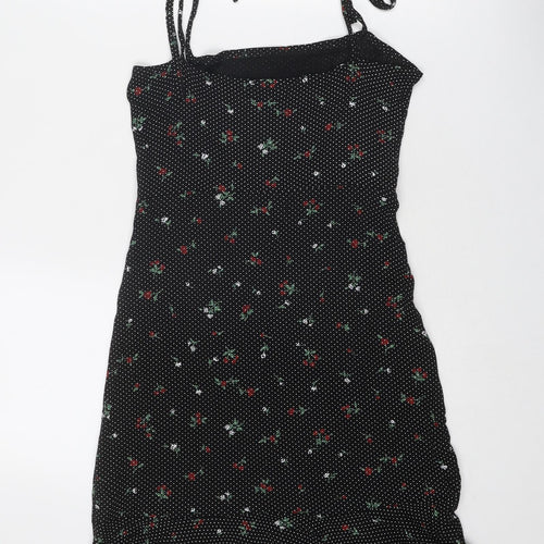 PRETTYLITTLETHING Womens Black Geometric Viscose Tank Dress Size 8 Square Neck Tie