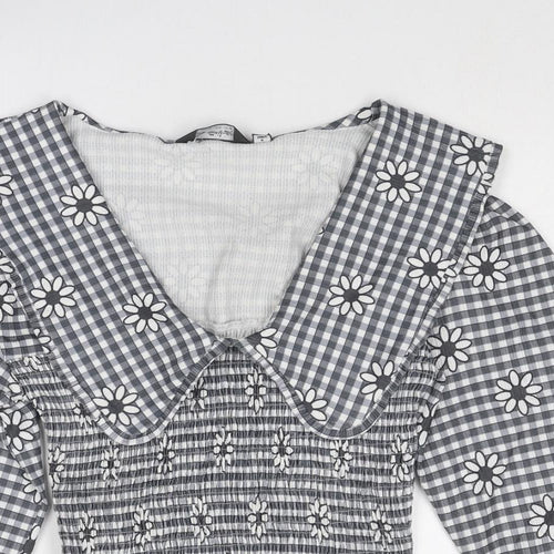 Miss Selfridge Womens Grey Geometric Polyester Cropped Blouse Size 14 Collared