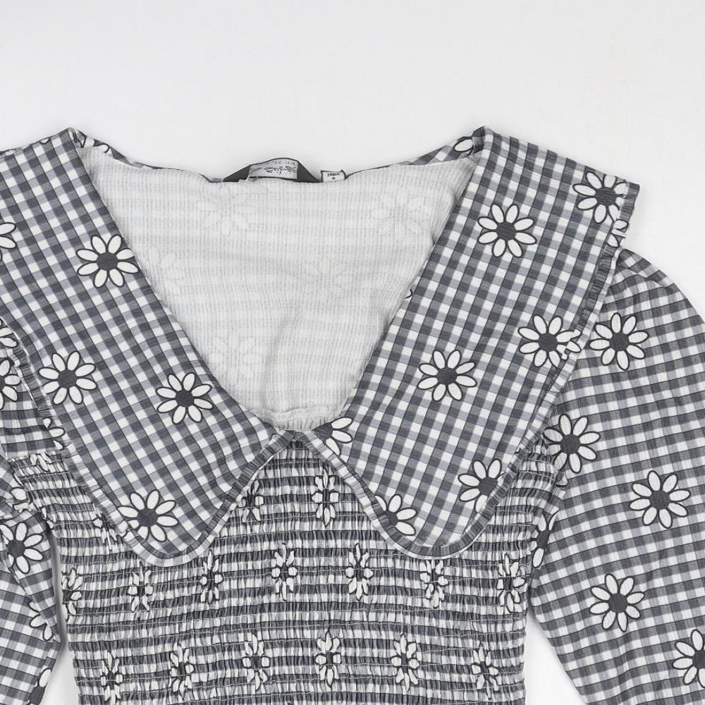 Miss Selfridge Womens Grey Geometric Polyester Cropped Blouse Size 14 Collared