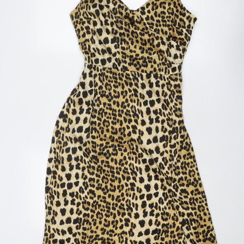 River Island Womens Gold Animal Print Polyester Slip Dress Size 14 V-Neck Zip - Leopard Pattern