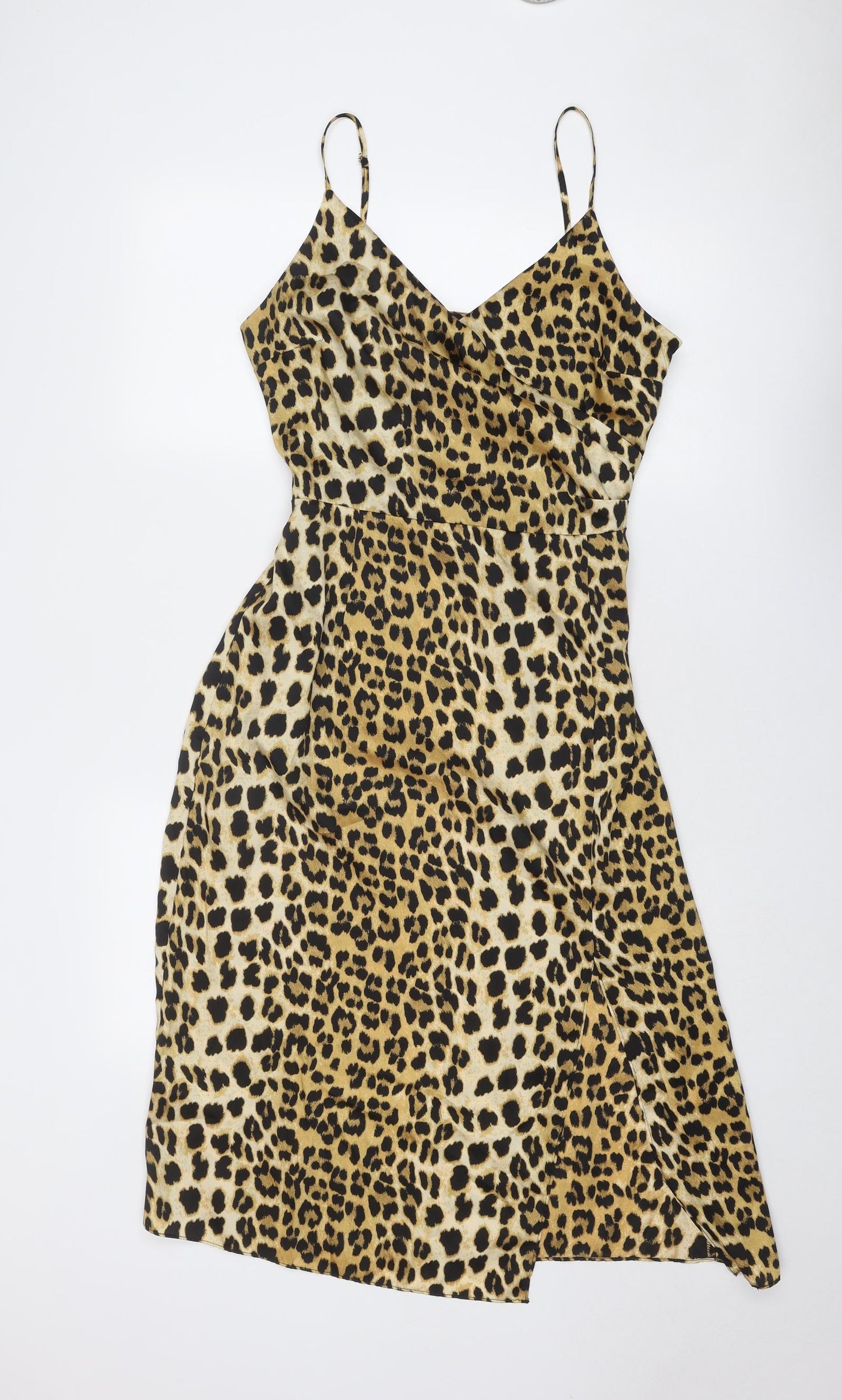 River Island Womens Gold Animal Print Polyester Slip Dress Size 14 V-Neck Zip - Leopard Pattern