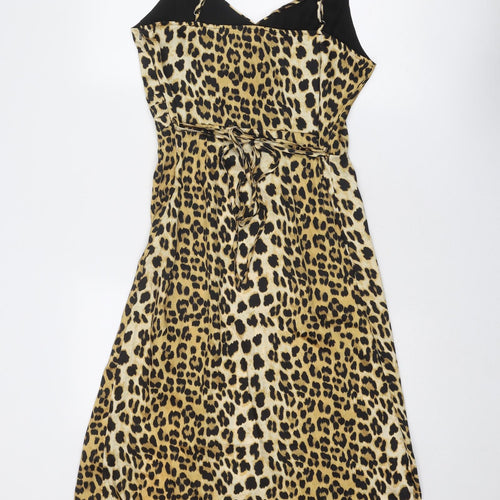 River Island Womens Gold Animal Print Polyester Slip Dress Size 14 V-Neck Zip - Leopard Pattern
