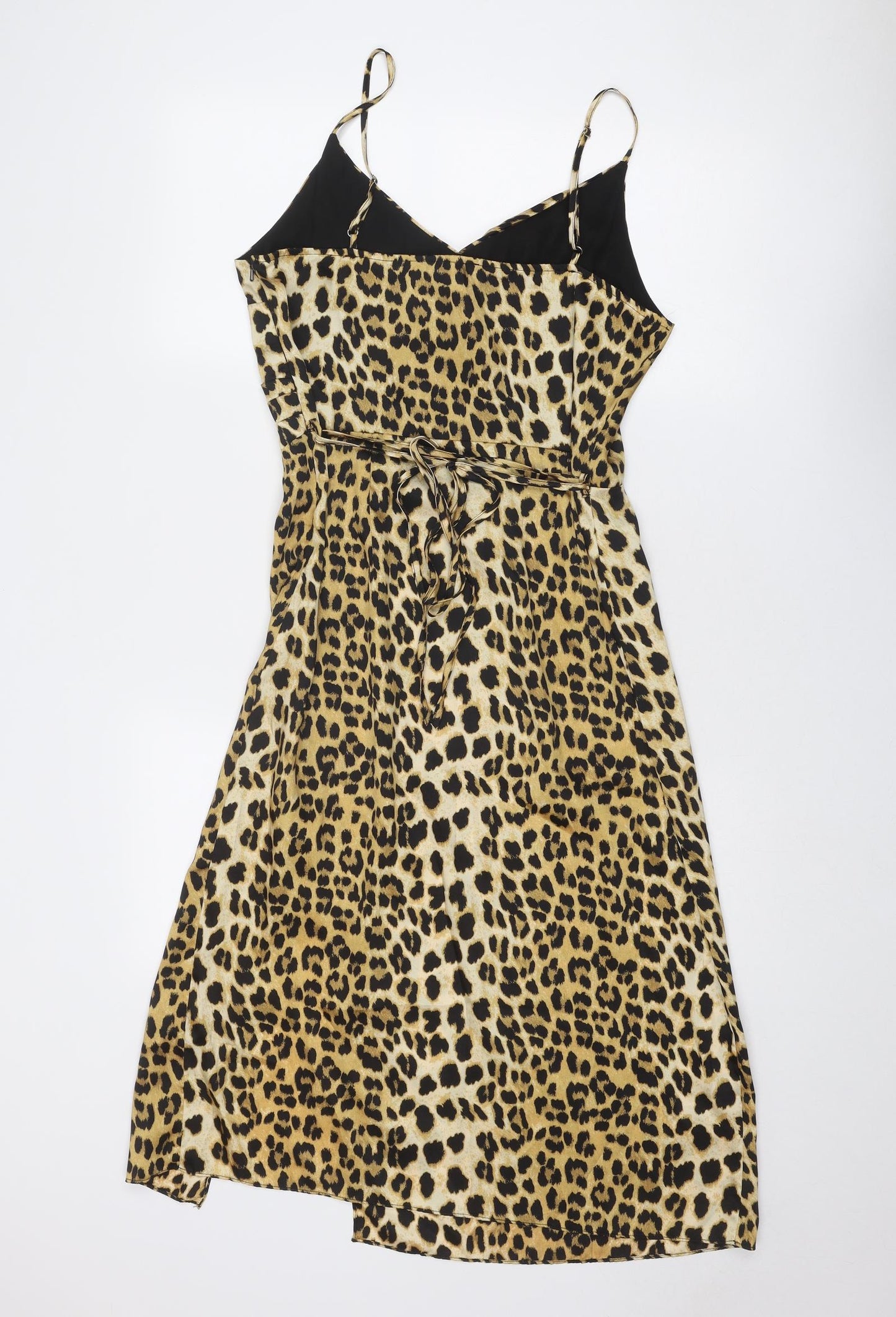 River Island Womens Gold Animal Print Polyester Slip Dress Size 14 V-Neck Zip - Leopard Pattern