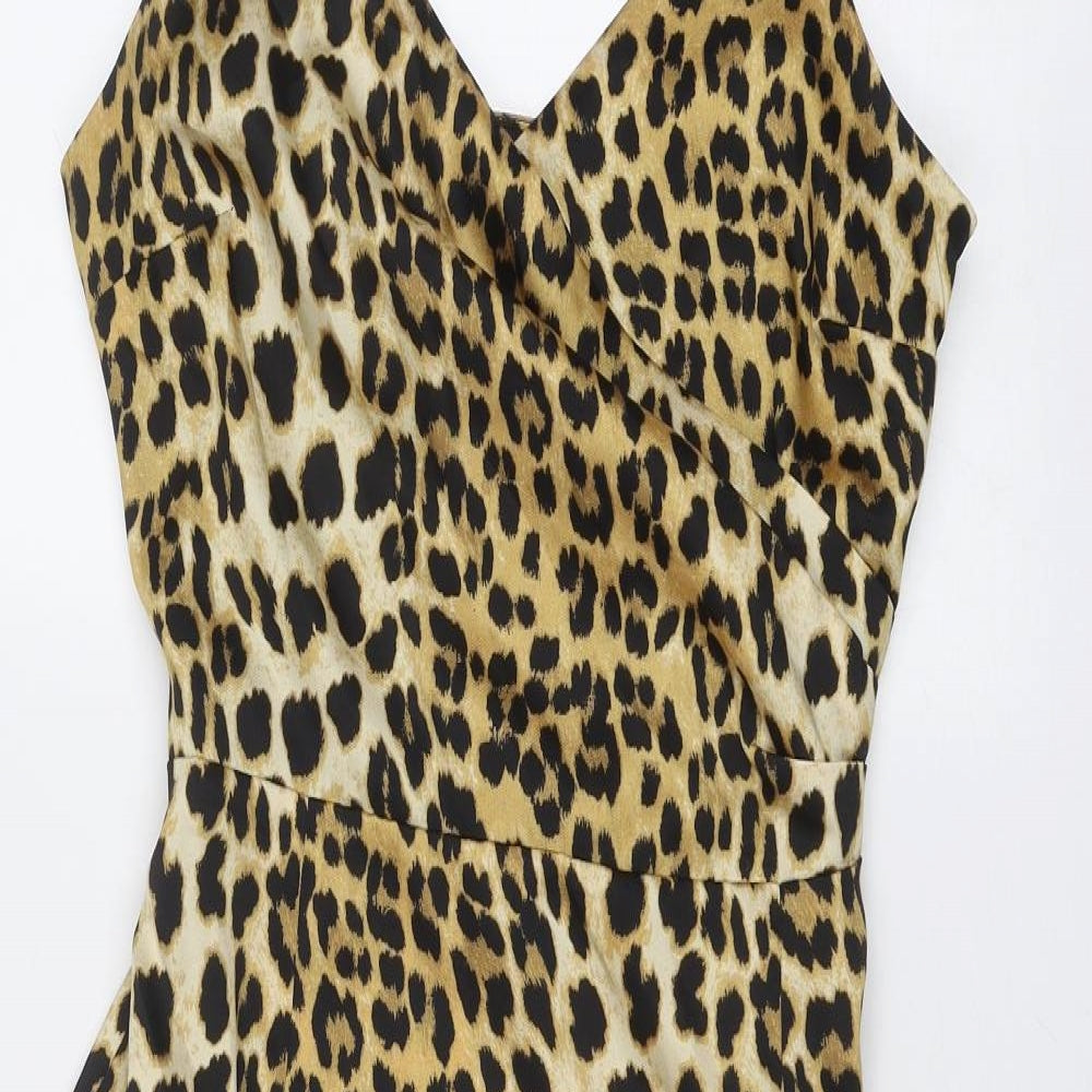 River Island Womens Gold Animal Print Polyester Slip Dress Size 14 V-Neck Zip - Leopard Pattern