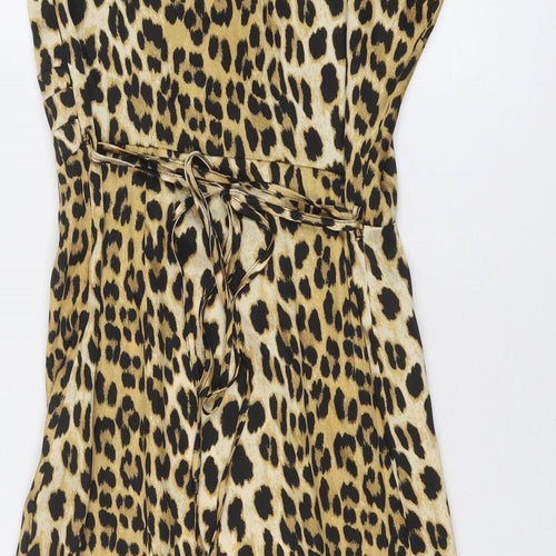 River Island Womens Gold Animal Print Polyester Slip Dress Size 14 V-Neck Zip - Leopard Pattern