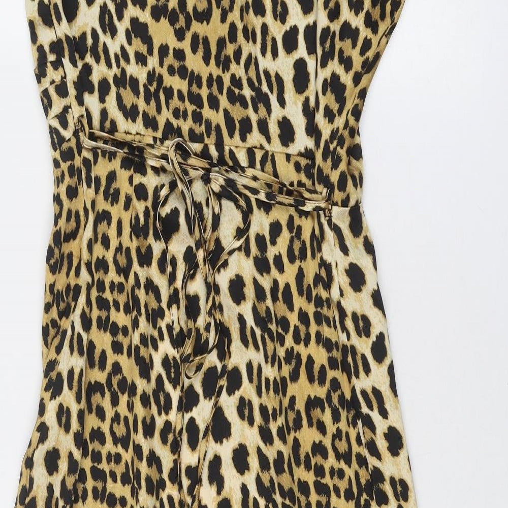 River Island Womens Gold Animal Print Polyester Slip Dress Size 14 V-Neck Zip - Leopard Pattern