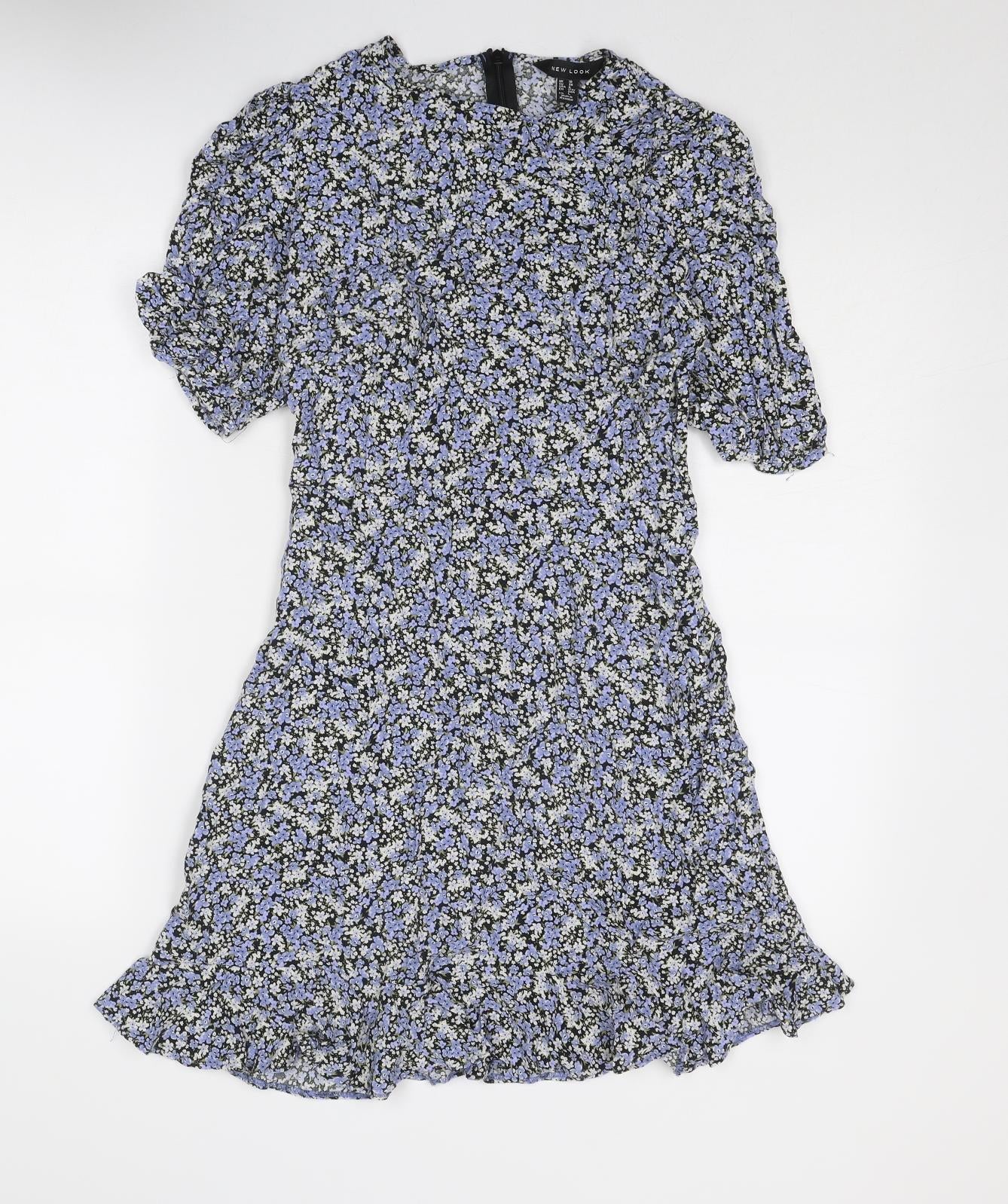 New Look Womens Blue Floral Viscose Skater Dress Size 10 Round Neck Zip