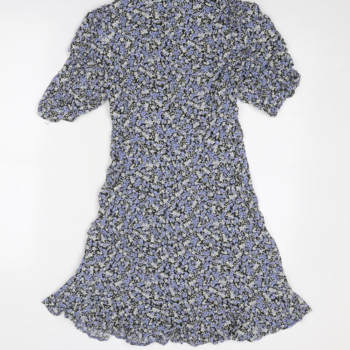 New Look Womens Blue Floral Viscose Skater Dress Size 10 Round Neck Zip