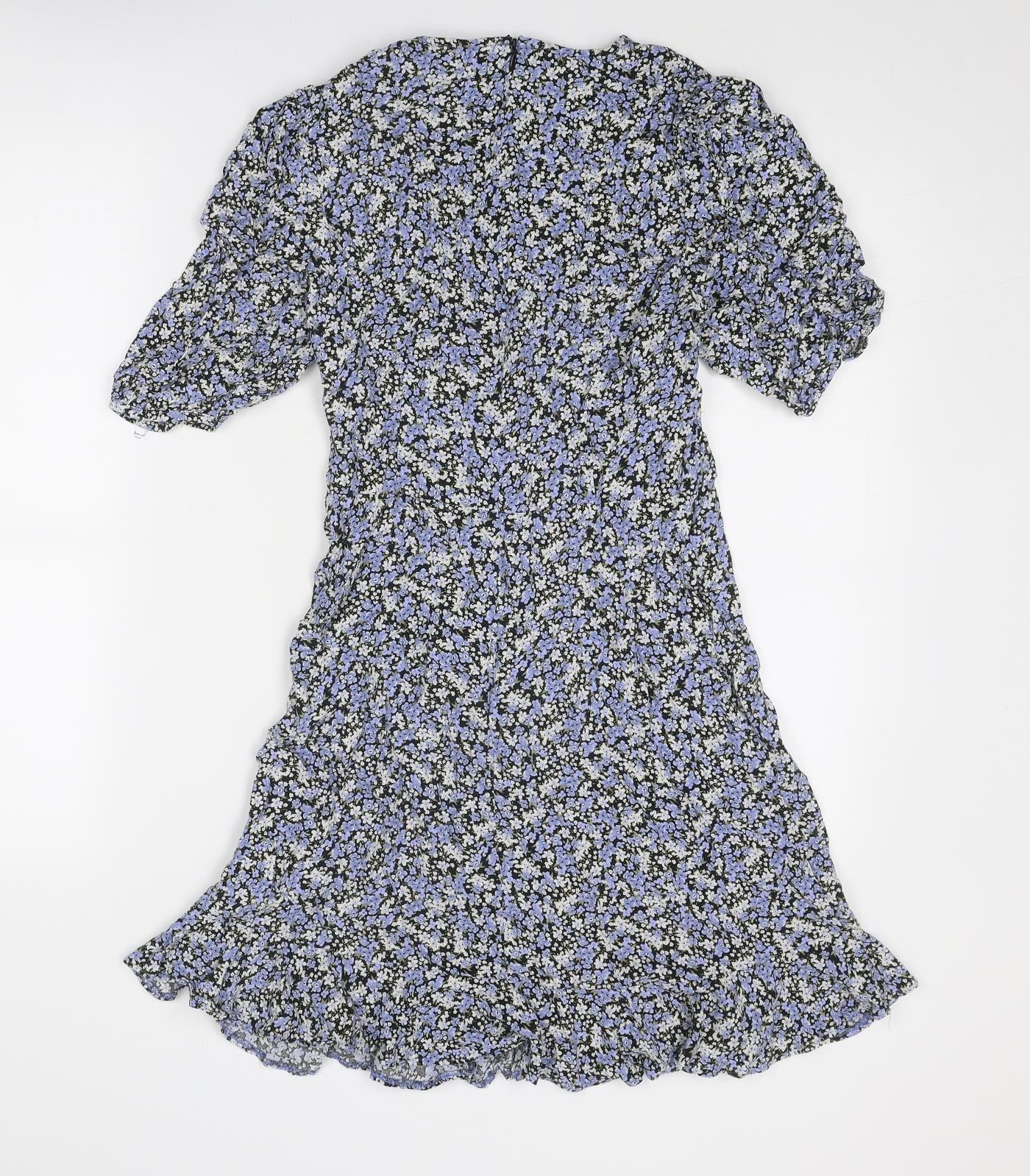 New Look Womens Blue Floral Viscose Skater Dress Size 10 Round Neck Zip