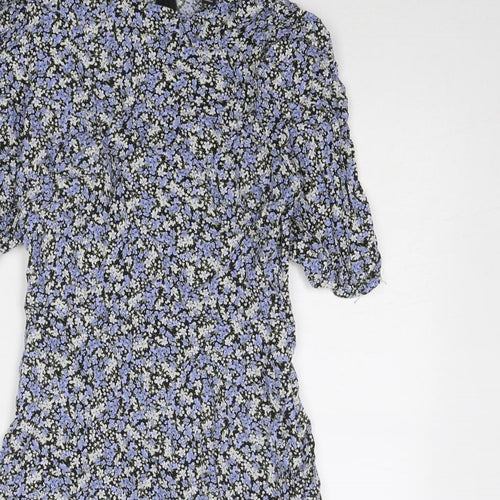 New Look Womens Blue Floral Viscose Skater Dress Size 10 Round Neck Zip