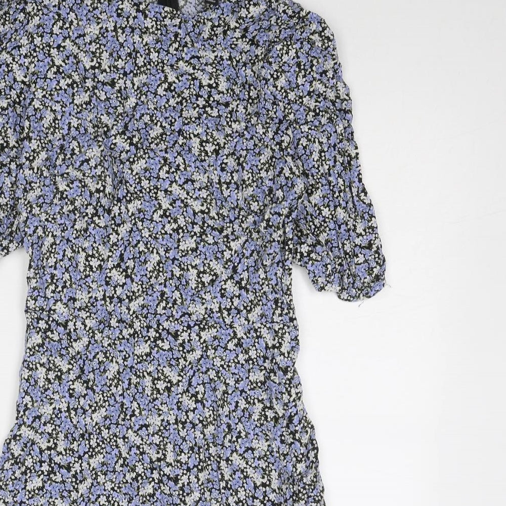 New Look Womens Blue Floral Viscose Skater Dress Size 10 Round Neck Zip