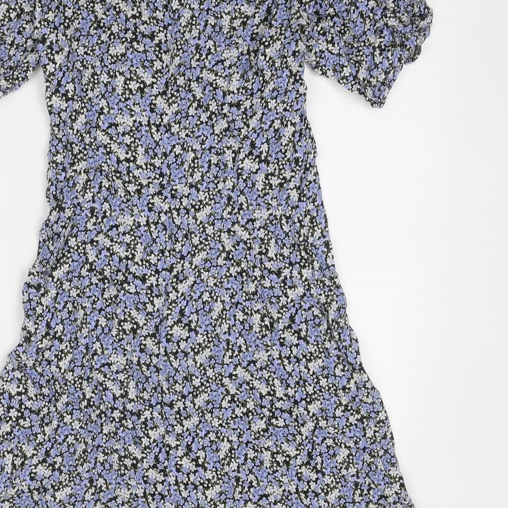 New Look Womens Blue Floral Viscose Skater Dress Size 10 Round Neck Zip