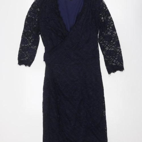 Little Black Dress Womens Blue Geometric Nylon A-Line Size 12 V-Neck Tie