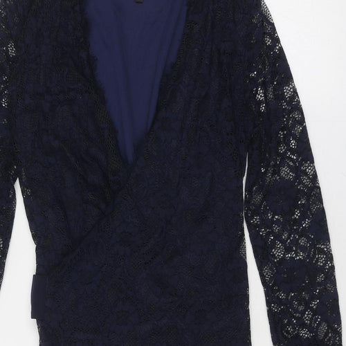 Little Black Dress Womens Blue Geometric Nylon A-Line Size 12 V-Neck Tie