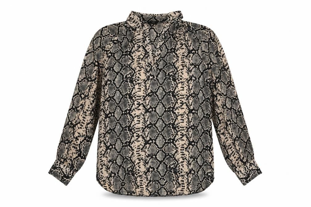 Front view of M&Co women’s beige animal print polyester basic blouse, size UK 14, collared - snake skin print