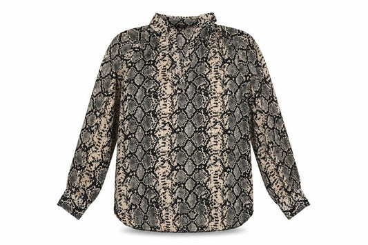 Front view of M&Co women’s beige animal print polyester basic blouse, size UK 14, collared - snake skin print
