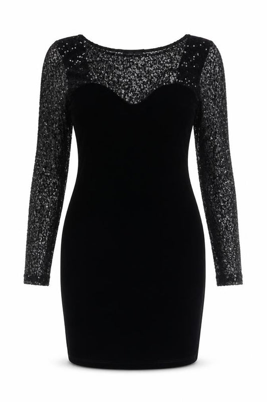 Front view of Warehouse women’s black polyester bodycon, size UK 12, round neck pullover