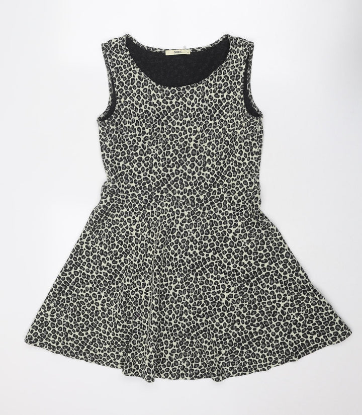 Oasis Womens Beige Animal Print Acrylic Fit & Flare Size M Round Neck Pullover - Leopard Pattern
