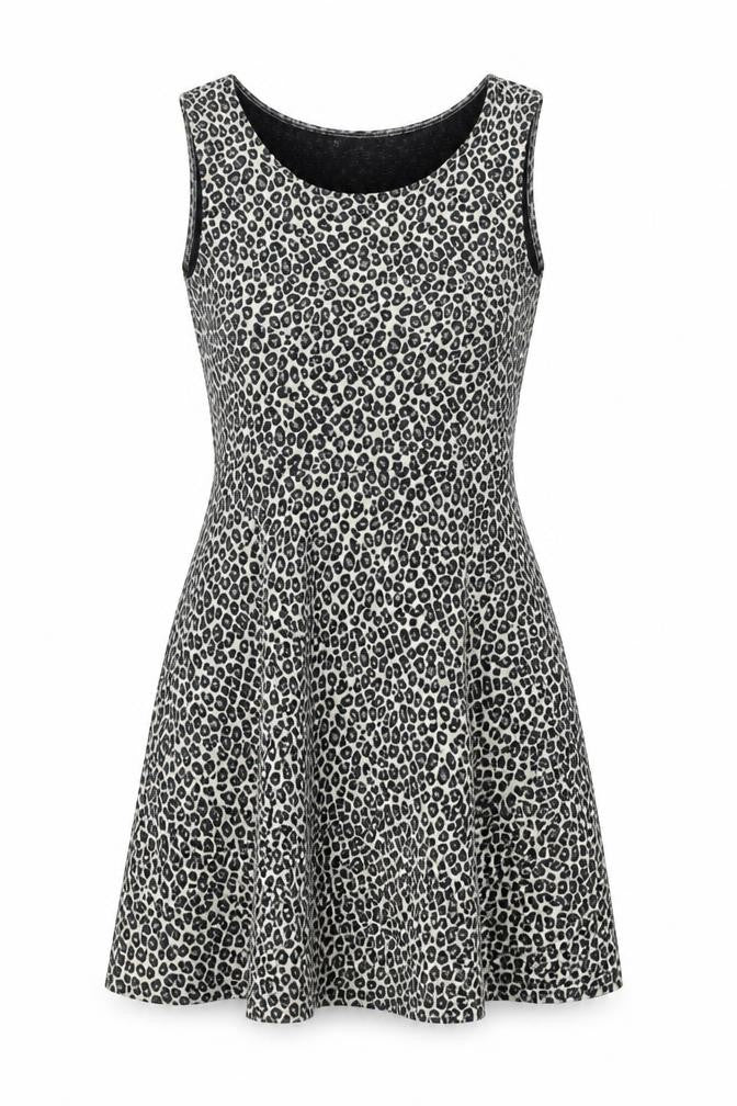 Front view of Oasis women’s beige animal print acrylic fit & flare, size M, round neck pullover - leopard pattern