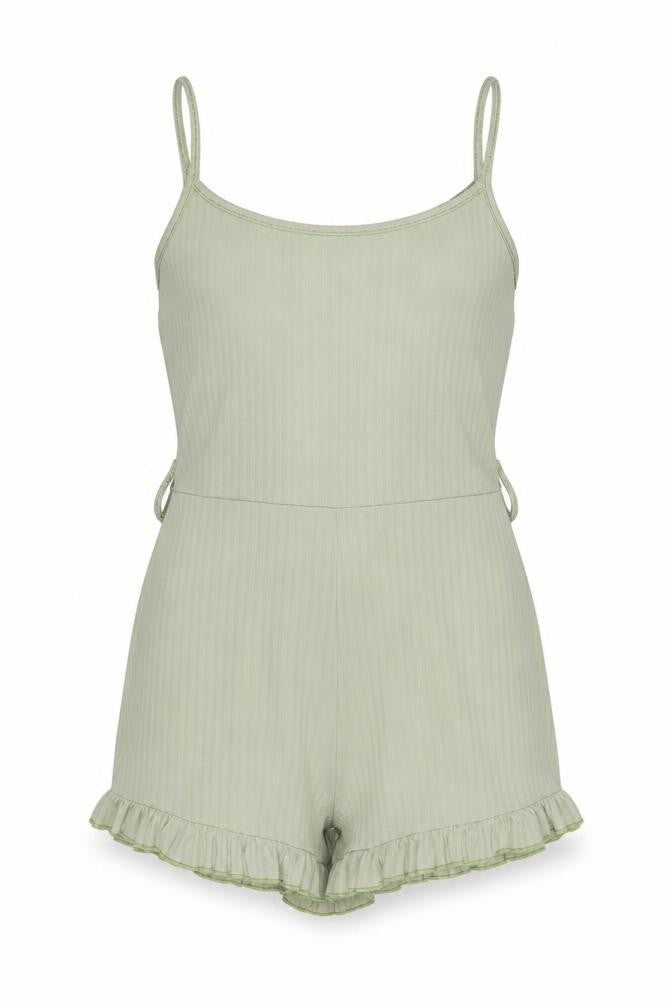 Front view of Pink Vanilla women’s green polyester playsuit one-piece, size UK 10, pullover