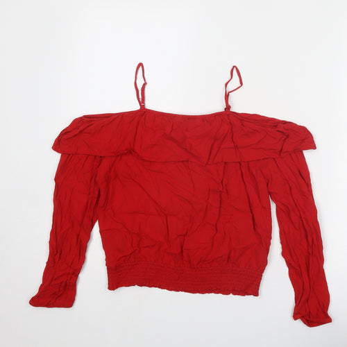 H&M Girls Red Viscose Basic Blouse Size 13 Years Round Neck Pullover - Cold Shoulder
