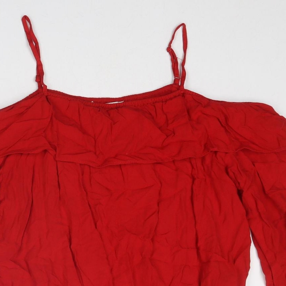 H&M Girls Red Viscose Basic Blouse Size 13 Years Round Neck Pullover - Cold Shoulder