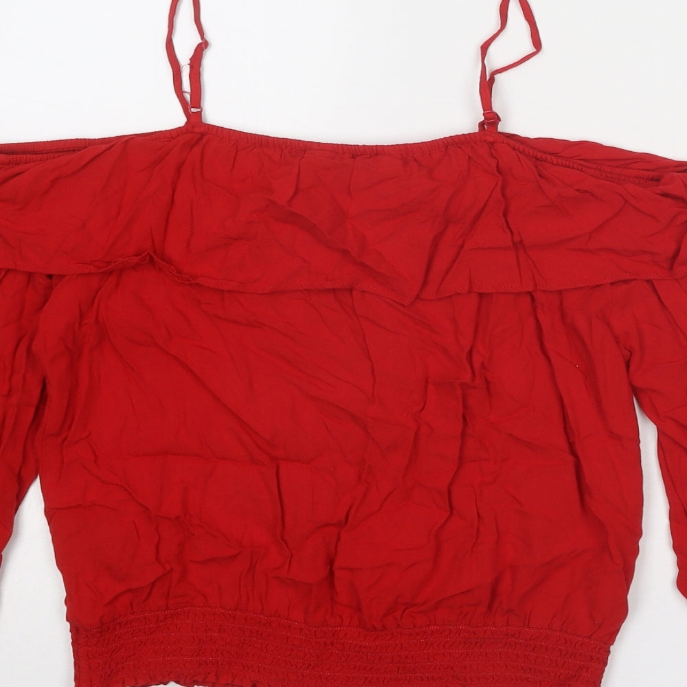 H&M Girls Red Viscose Basic Blouse Size 13 Years Round Neck Pullover - Cold Shoulder