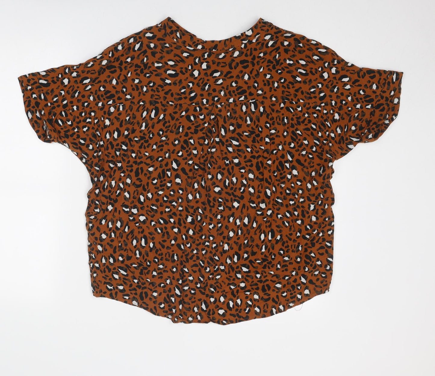 Warehouse Womens Brown Animal Print Viscose Basic T-Shirt Size 14 V-Neck - Leopard Pattern