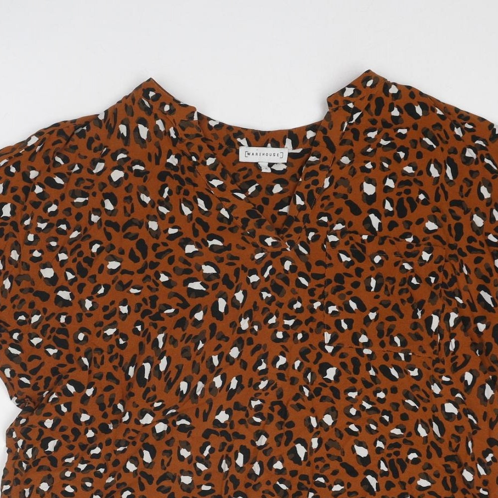 Warehouse Womens Brown Animal Print Viscose Basic T-Shirt Size 14 V-Neck - Leopard Pattern