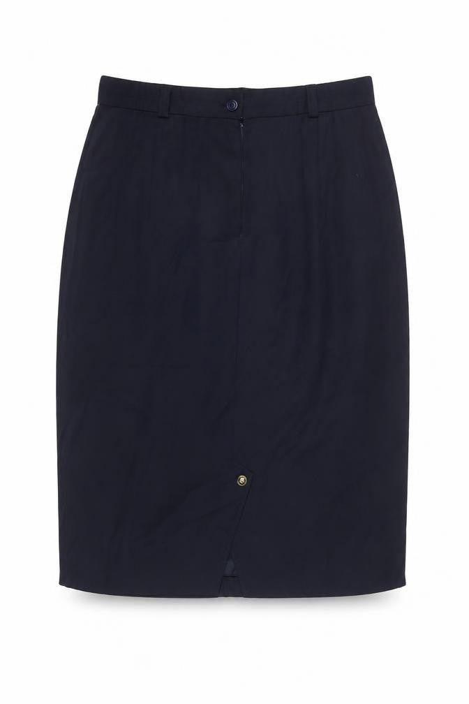 Front view of Hammer women’s blue polyester a-line skirt, size UK 34, in zip