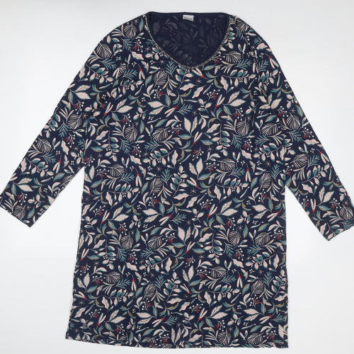 Damart Womens Blue Geometric Cotton A-Line Size L Round Neck Pullover - Leaf Pattern