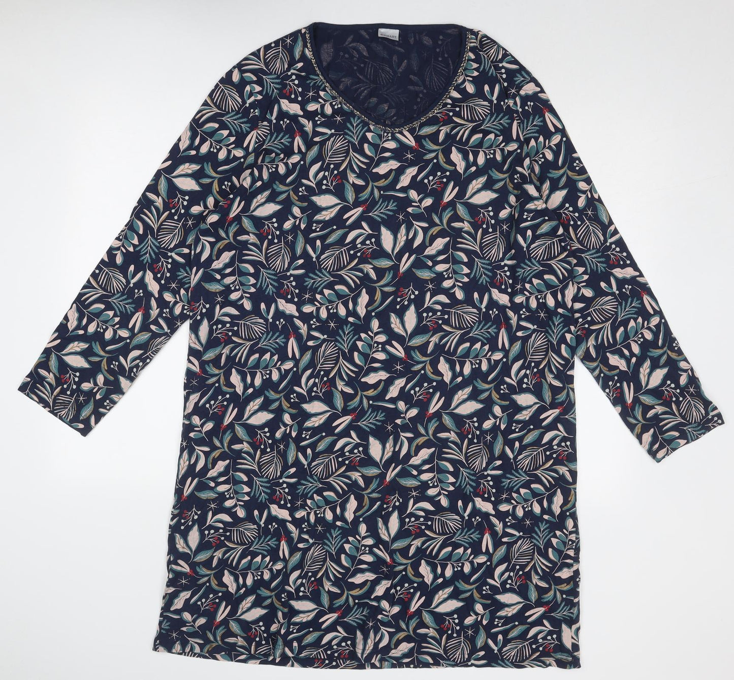 Damart Womens Blue Geometric Cotton A-Line Size L Round Neck Pullover - Leaf Pattern