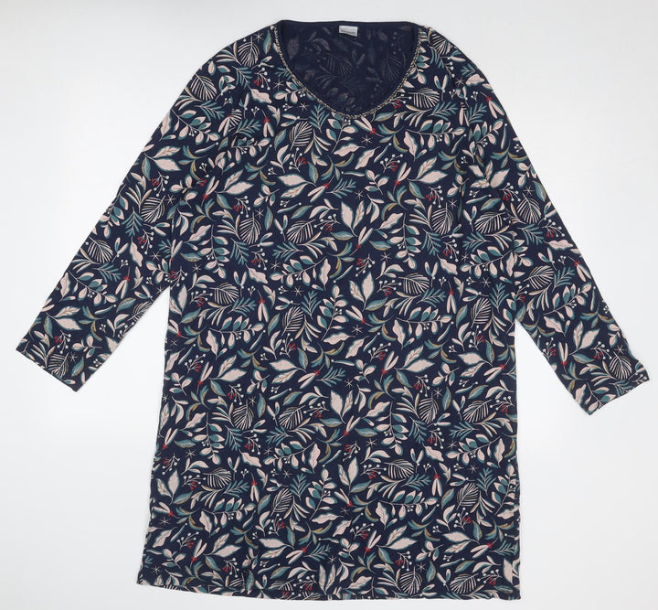 Damart Womens Blue Geometric Cotton A-Line Size L Round Neck Pullover - Leaf Pattern