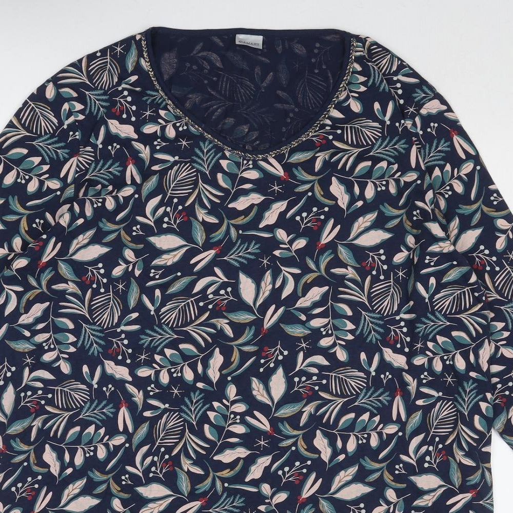 Damart Womens Blue Geometric Cotton A-Line Size L Round Neck Pullover - Leaf Pattern