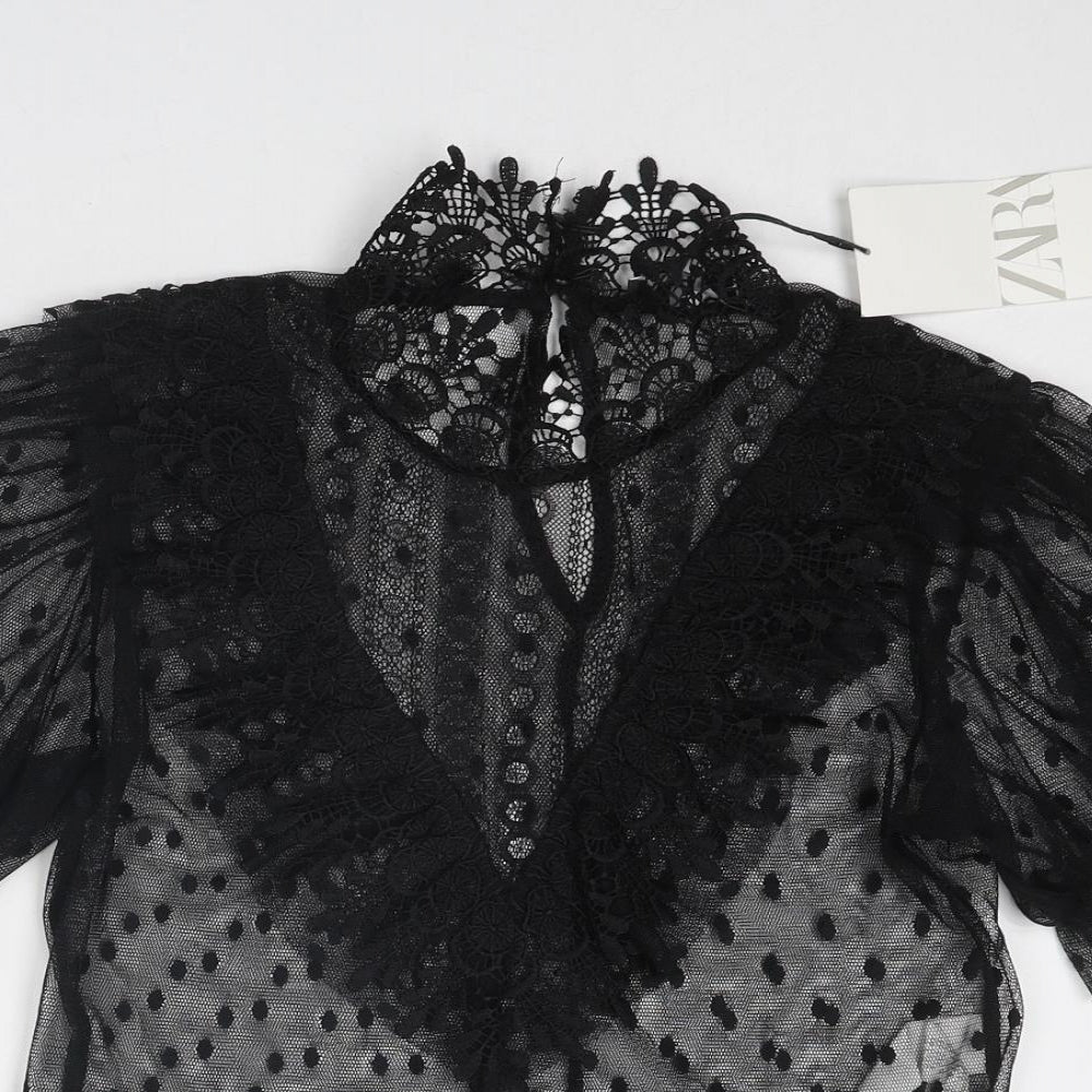 Zara Womens Black Polka Dot Polyester Basic Blouse Size S Round Neck