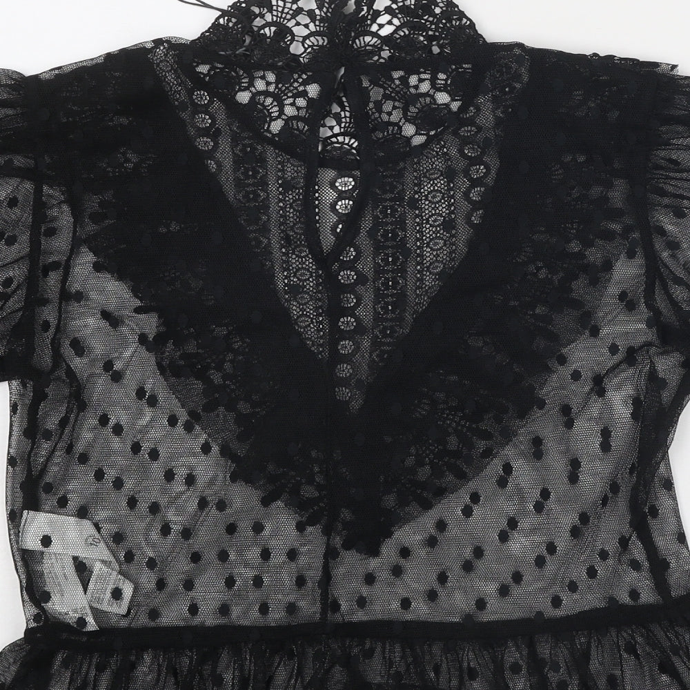 Zara Womens Black Polka Dot Polyester Basic Blouse Size S Round Neck