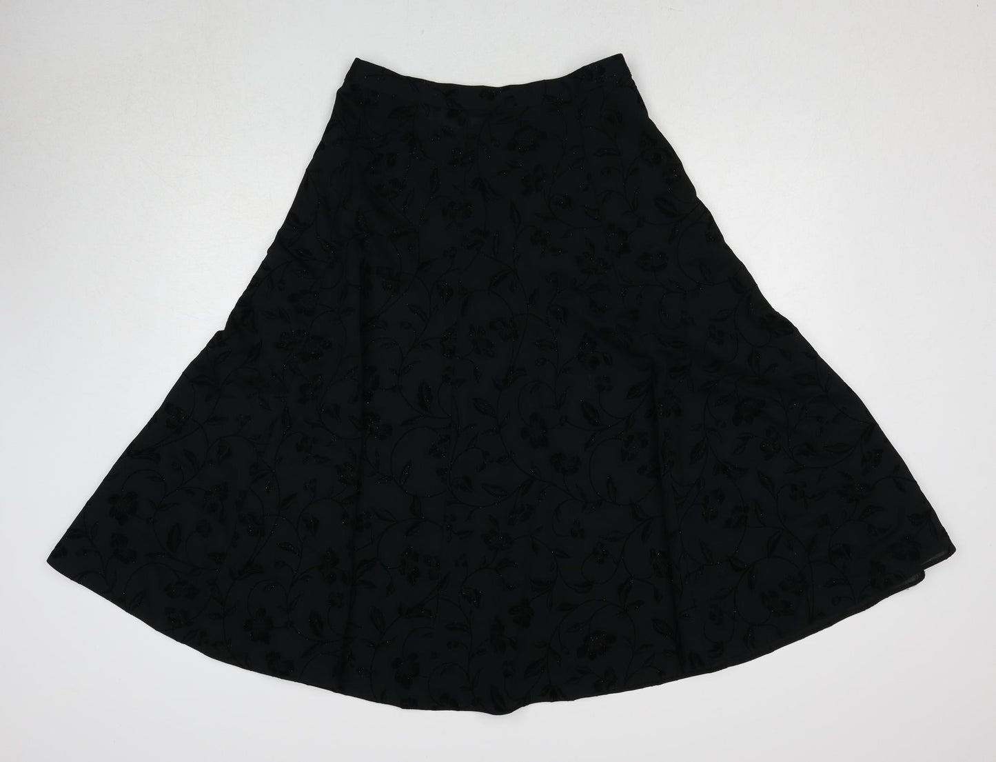 St Michael Womens Black Floral Polyester Swing Skirt Size 14 Zip