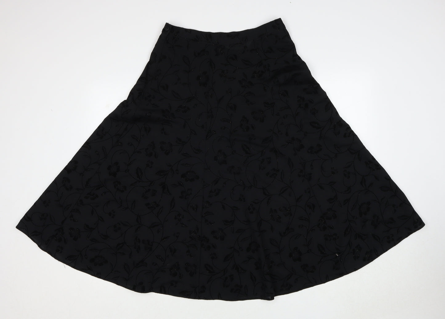 St Michael Womens Black Floral Polyester Swing Skirt Size 14 Zip
