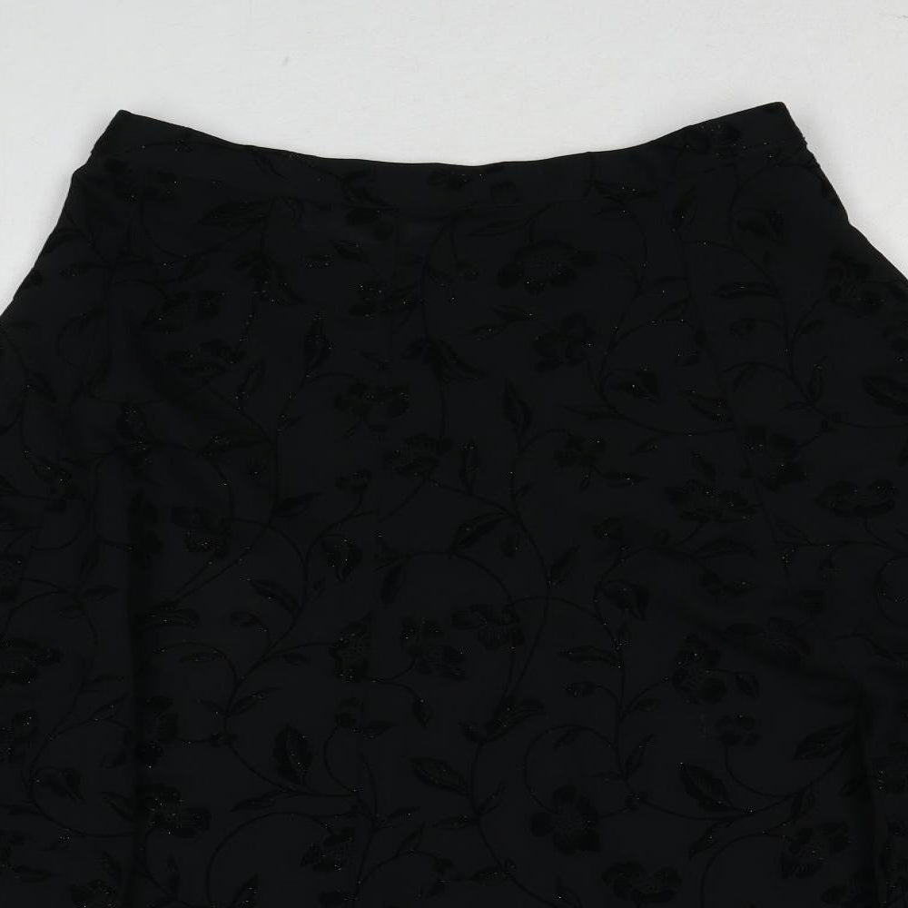 St Michael Womens Black Floral Polyester Swing Skirt Size 14 Zip